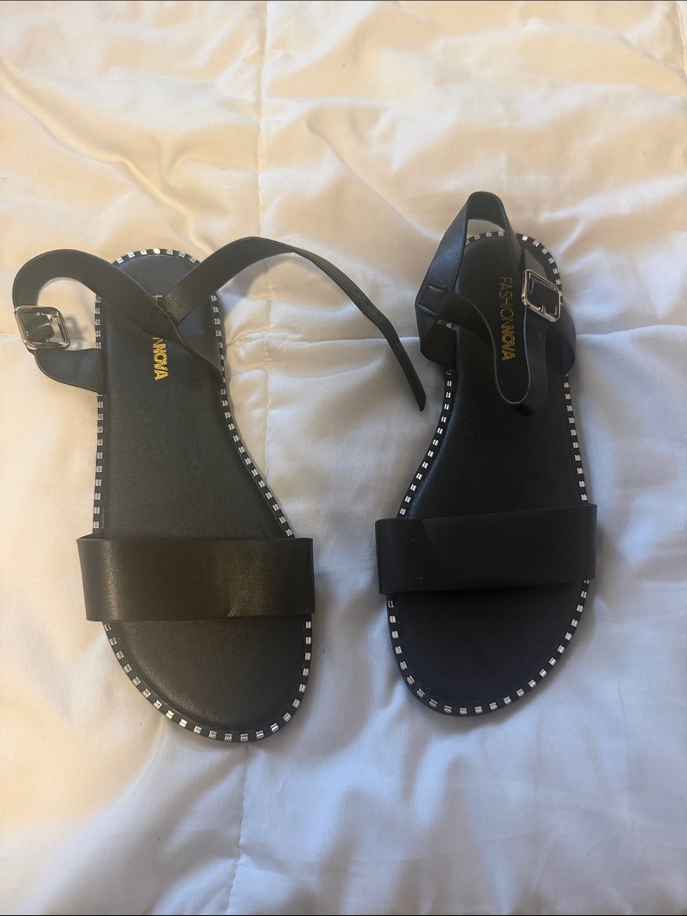 Fashion Nova Black Stud-Trim Flat Sandals